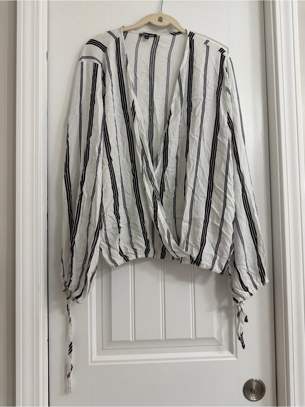 Charlotte Russe White and Black Vertical Stripe Wrap Blouse